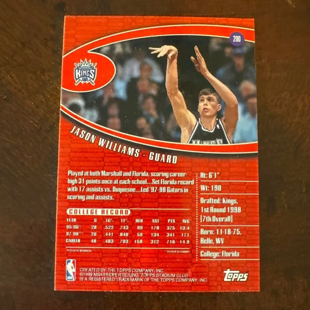 Jason Williams 2000 Topps Stadium Club basketball Rookie card #200